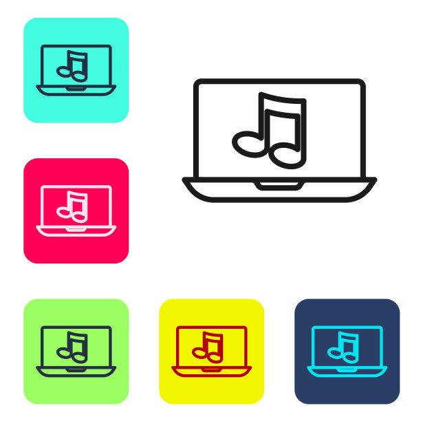 黑线笔记本电脑与音乐笔记符号在屏幕上的图标孤立的白色背景。设置图标为彩色方形按钮。向量图片下载