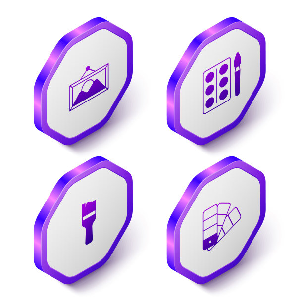 设置等距图片景观，水彩画在盒子里，画笔和调色板指导图标。紫色六边形按钮。向量图片下载