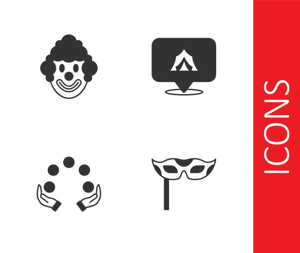 集节日面具，小丑头，杂耍球和马戏团帐篷图标。向量图片下载