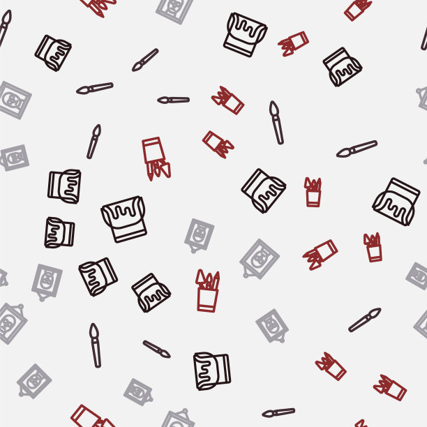 设置线油漆桶，画笔，图片和铅笔盒文具上的无缝图案。向量图片下载