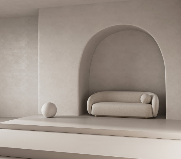 概念室内房间与拱形灰泥墙。创意构图沙发与拱门在温暖的米色柔和的颜色。空背景模型。3 d渲染。高质量3d插图图片下载
