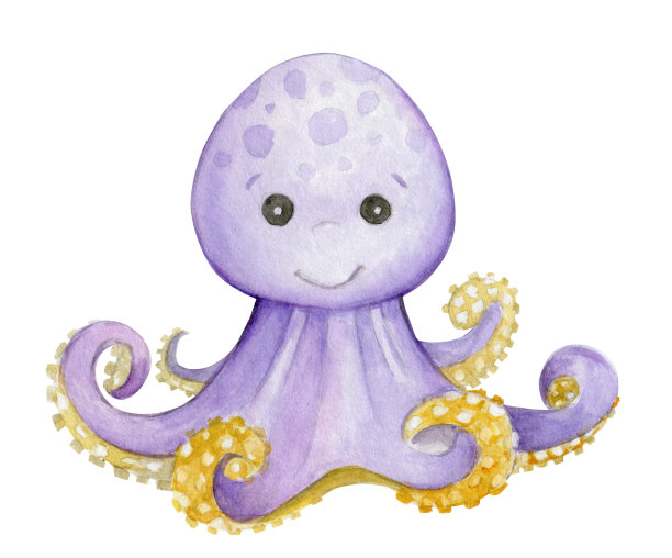 章鱼，紫色的，卡通风格的。一只用水彩画的可爱动物。在一个孤立的背景下图片下载