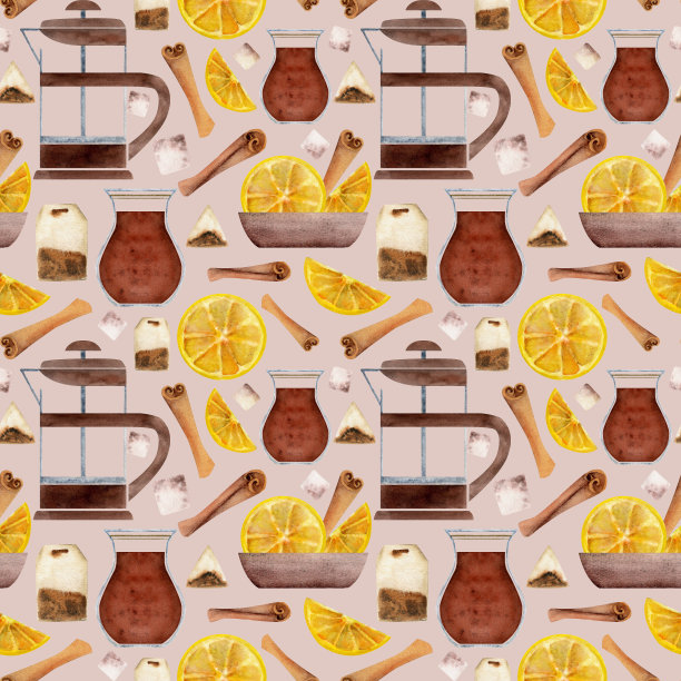 手绘水彩茶具茶柠檬土耳其玻璃陶器肉桂法国压滤机。无缝图案隔离在白色背景。用于邀请函，咖啡厅，餐厅食物菜单，打印，网站，卡片图片下载