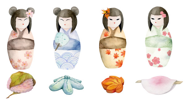 手绘水彩画的日本传统糖果。季节性的和和和娃娃。孤立在白色背景上。设计邀请，餐厅菜单，贺卡，印刷，纺织品图片下载