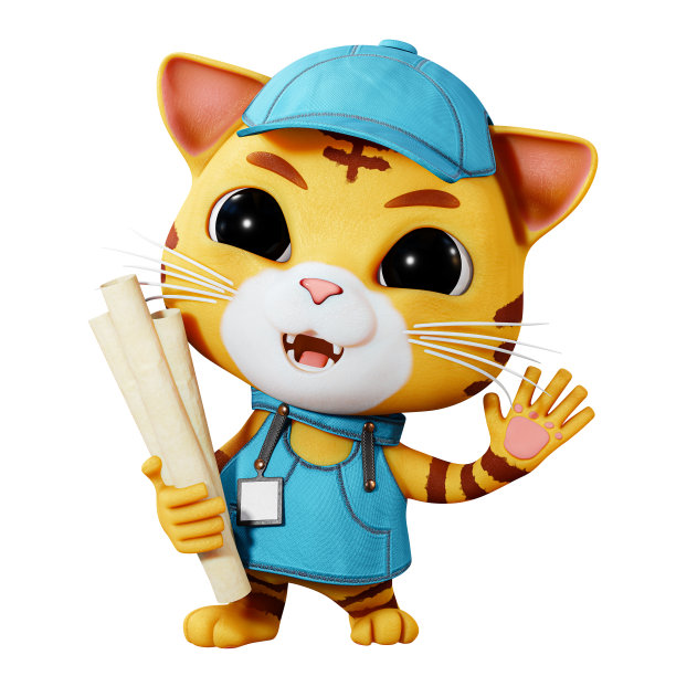 可爱的卡通猫建筑师站在建筑工地，同时拿着3D渲染图的蓝图图片下载
