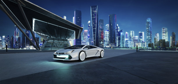 3D空水泥地板，现代建筑外观和无品牌电动汽车图片下载