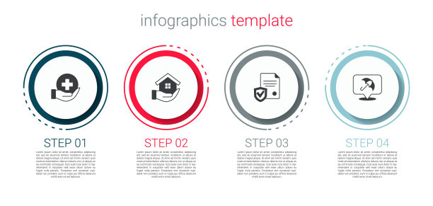设置人寿保险，房屋买卖，合同与盾牌和伞。业务信息图表模板。向量图片下载