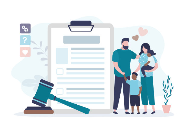 幸福的多民族家庭，父母有两个孩子。一对恩爱夫妻，孩子们站在领养协议旁边。领养申请书和小木槌。收养文件已经摆好，等待完成。图片下载