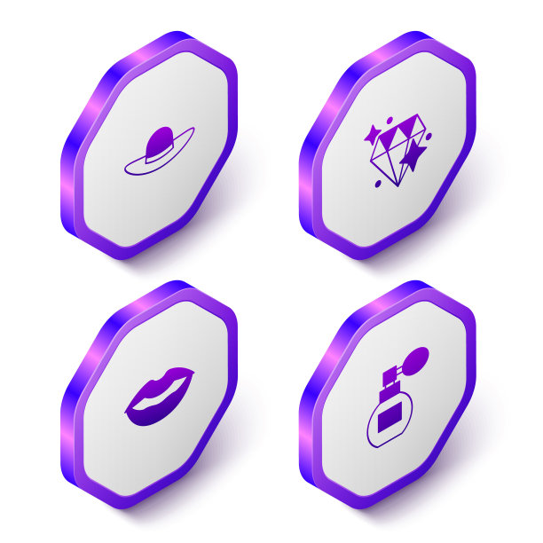 集等长优雅的妇女帽子，钻石，微笑的嘴唇和香水图标。紫色六边形按钮。向量图片下载