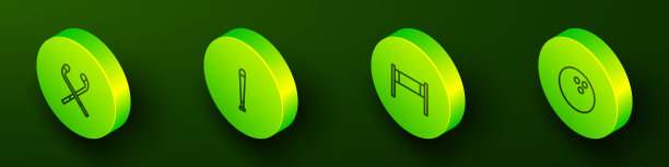 2.5D冰球杆、棒球棒、排球网和保龄球图标矢量集图片下载