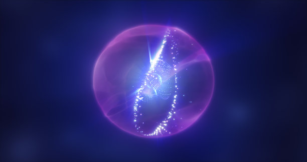 抽象的紫色能量球与飞行发光明亮的粒子，科学的未来主义原子与电子高科技背景图片下载
