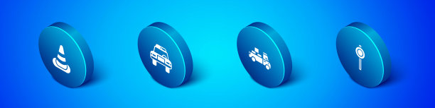 设置等距交通锥，送货卡车，道路交通路标和警车和闪光图标。向量图片下载