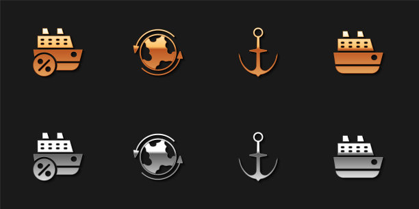 设置游轮，全球，锚和图标。向量图片下载