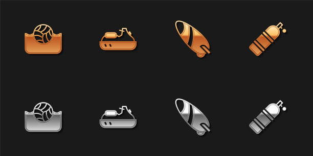 集水球，水上摩托艇，冲浪板和aququalung图标。向量图片下载