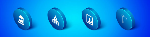 设置等距墓碑与RIP写，哀悼相框，镰刀和教堂建筑图标。向量图片下载