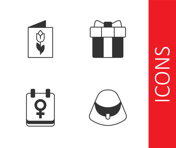 集手提袋，贺卡与3月8日，日历和礼品盒心脏图标。向量图片下载