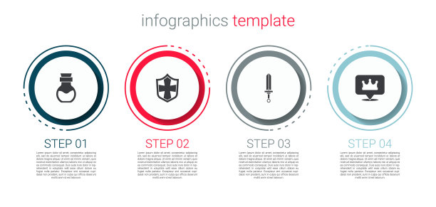 在瓶子，盾牌，中世纪剑和位置国王王冠上设置毒药。业务信息图表模板。向量图片下载