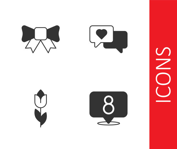 3月8日，礼物弓，花郁金香和心在讲话泡泡图标。向量图片下载