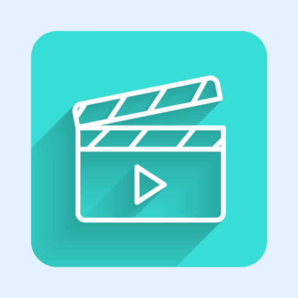 白线电影拍手图标与长阴影背景隔离。电影拍板。拍板的迹象。电影制作或媒体行业。绿色方形按钮。向量图片下载