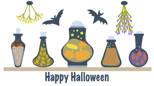 万圣节装饰。一个旧的炼金术实验室的架子与旧的化学烧瓶，和束干草药和蝙蝠矢量插图是手绘在平面涂鸦的风格。图片下载