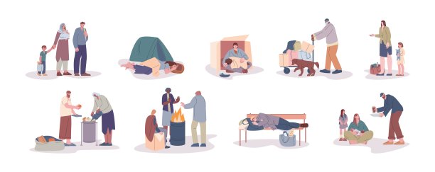 贫困和难民问题。可怜的人睡在街上，无家可归的女人和男人。饥饿的乞丐，需要社会帮助的人图片下载
