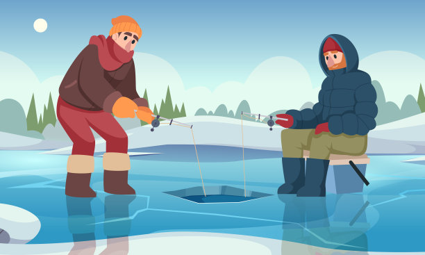 冬季钓鱼。男主角在冬季用鱼竿捕鱼。矢量卡通户外景观图片下载