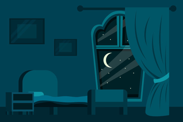 黑暗的卧室与窗外的夜空矢量插图图片下载