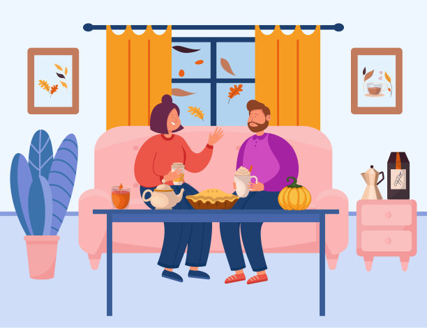 夫妇喝秋天的饮料在家里矢量插图图片下载