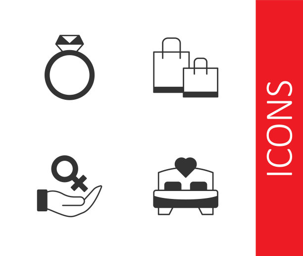 设置卧室，钻石订婚戒指，女性性别符号和纸购物袋图标。向量图片下载