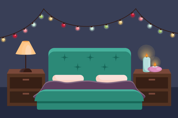 灯和蜡烛在床头柜矢量插图图片下载