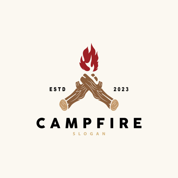 篝火设计，篝火矢量，冒险营地户外木火焰复古复古插图图片下载