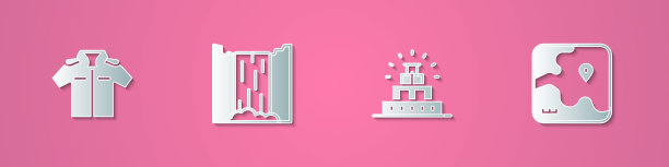 集剪纸衬衫，瀑布，奇琴伊察在玛雅和非洲狩猎地图图标。纸艺风格。向量图片下载