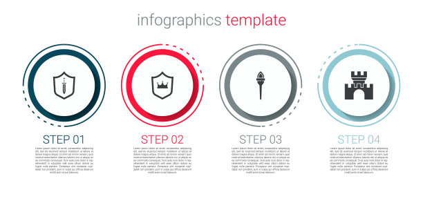 设置中世纪盾牌与剑，盾冠，火炬火焰和城堡，堡垒。业务信息图表模板。向量图片下载