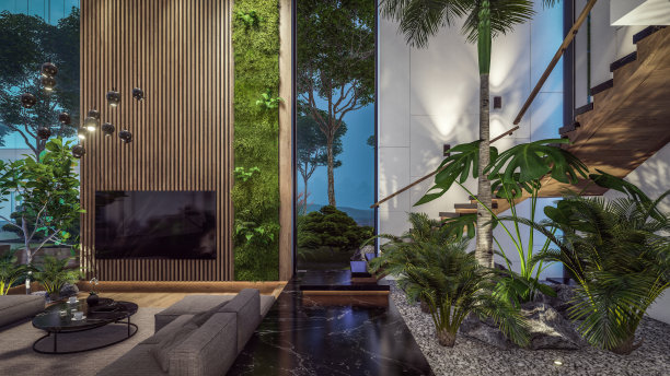 3d渲染昂贵舒适的室内与绿色的墙壁在晚上图片下载