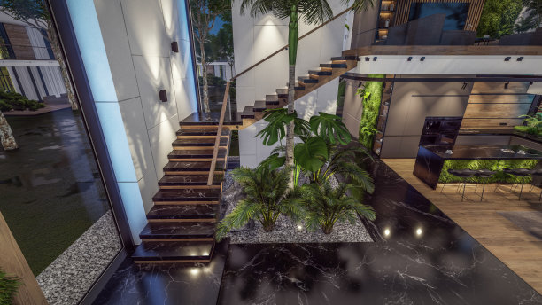 3d渲染昂贵舒适的室内与绿色的墙壁在晚上图片下载