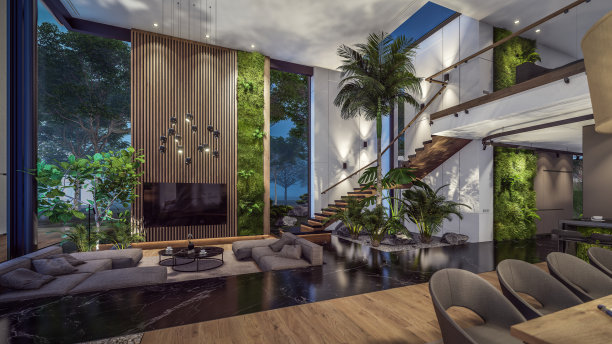 3d渲染昂贵舒适的室内与绿色的墙壁在晚上图片下载