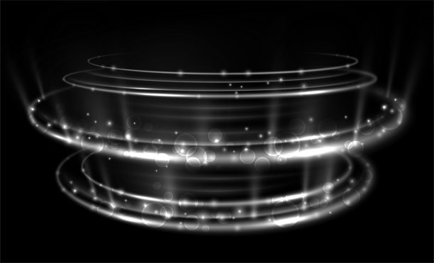 旋转的白色椭圆。发光的门户。龙卷风与散景效果和射线。图片下载