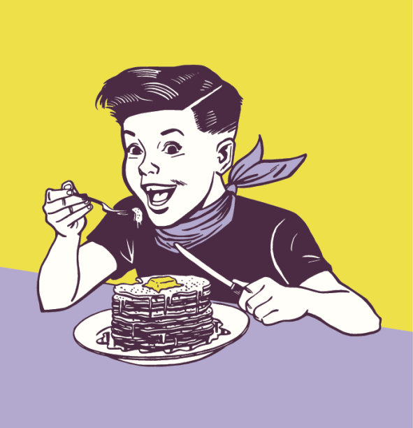 一个男孩正在吃一堆煎饼图片下载