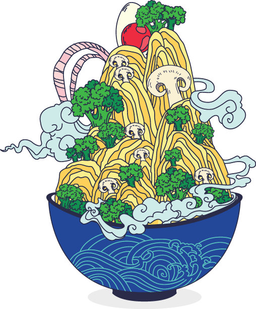 热面条，鸡蛋，洋葱和西兰花图片下载