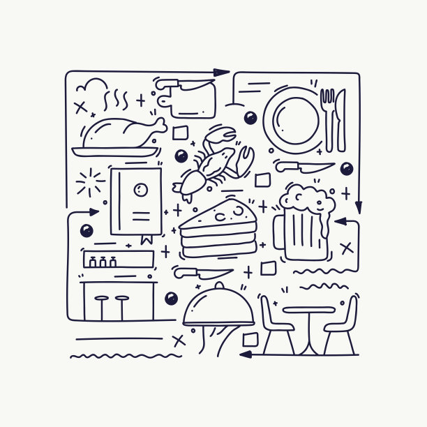 餐厅，食物和饮料相关的涂鸦插图。手绘符号，涂鸦素描矢量图片下载