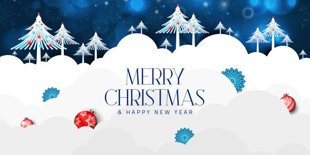 飘落的白雪配上蓝色的冬日天空和森林背景图片下载