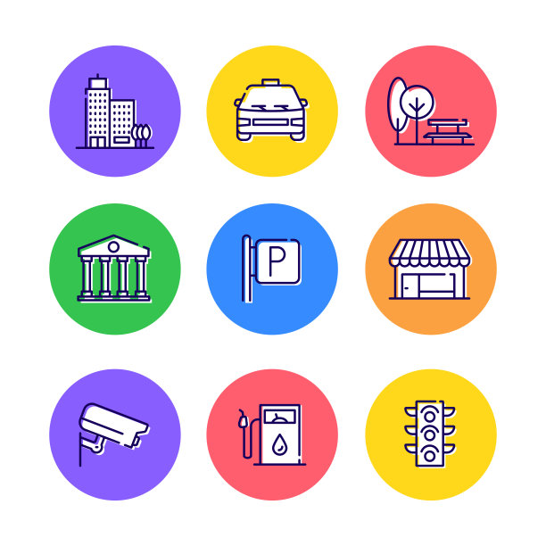 城市元素相关的线图标集。大纲符号集合图片下载