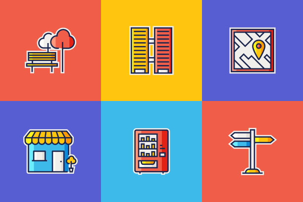 城市生活相关的平线图标。向量符号说明。图片下载