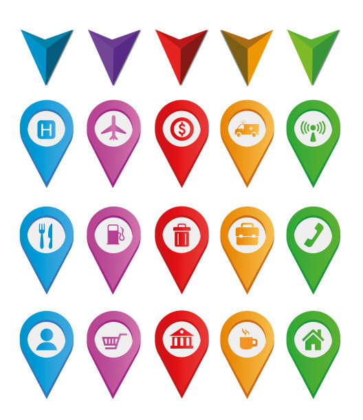 彩色平面设计图钉图标设置与景点和国家公园点。地图指针细线矢量股票插图。图标集包含机场、餐厅、银行、医院、café、购物中心、电话亭、Wi-Fi热点等标志。图片下载