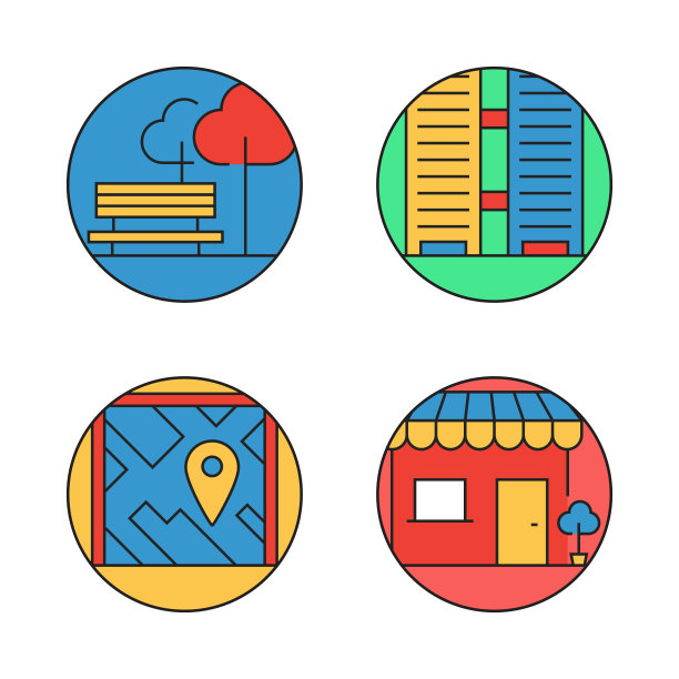 城市生活相关的平线图标。向量符号说明。图片下载