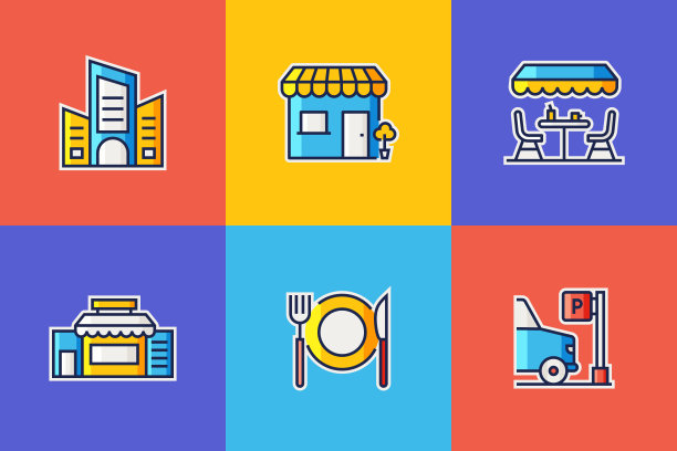 城市生活相关的平线图标。向量符号说明。图片下载