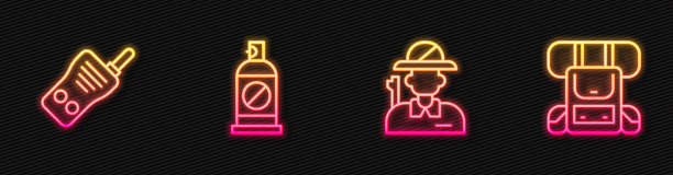 套装猎人，对讲机，防虫喷雾和远足背包。发光的霓虹灯图标。向量图片下载