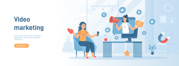 视频营销。利用病毒式宣传视频进行广告宣传，从社交媒体上吸引人群。平面概念非常适合社交媒体宣传材料。白色背景的网站横幅。图片下载