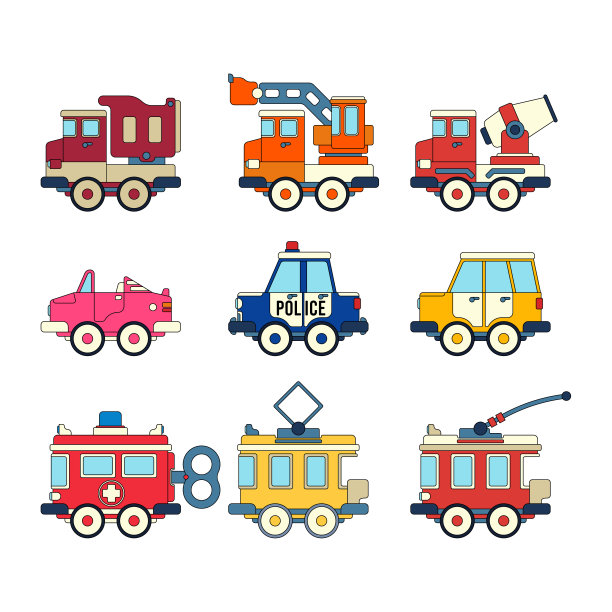 颜色矢量图标集与玩具车。引人入胜的互动玩具，激发创造力和想象力。专为孩子们设计的。鼓励孩子玩游戏，用流行的儿童玩具点燃发现的喜悦图片下载