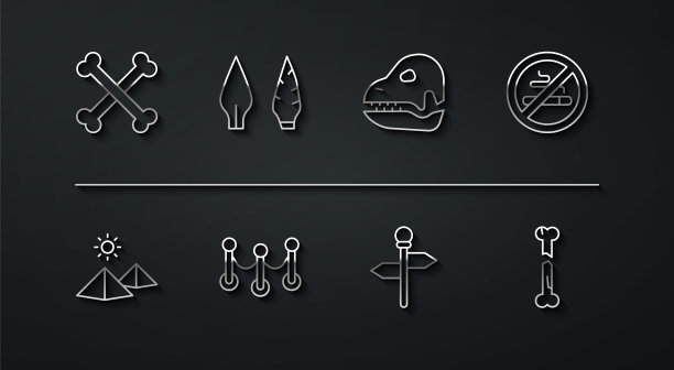 设定线交叉人骨，埃及金字塔，禁止吸烟，道路交通路标，绳索障碍，石器时代箭头，人类破碎和恐龙头骨图标。向量图片下载